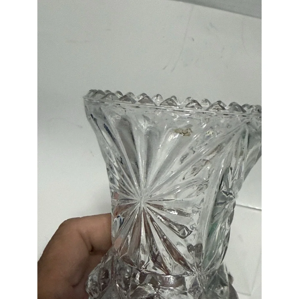 Vintage Clear Pressed Glass‎ Bud Vase Starburst Diamond Point Sawtooth Rim 5